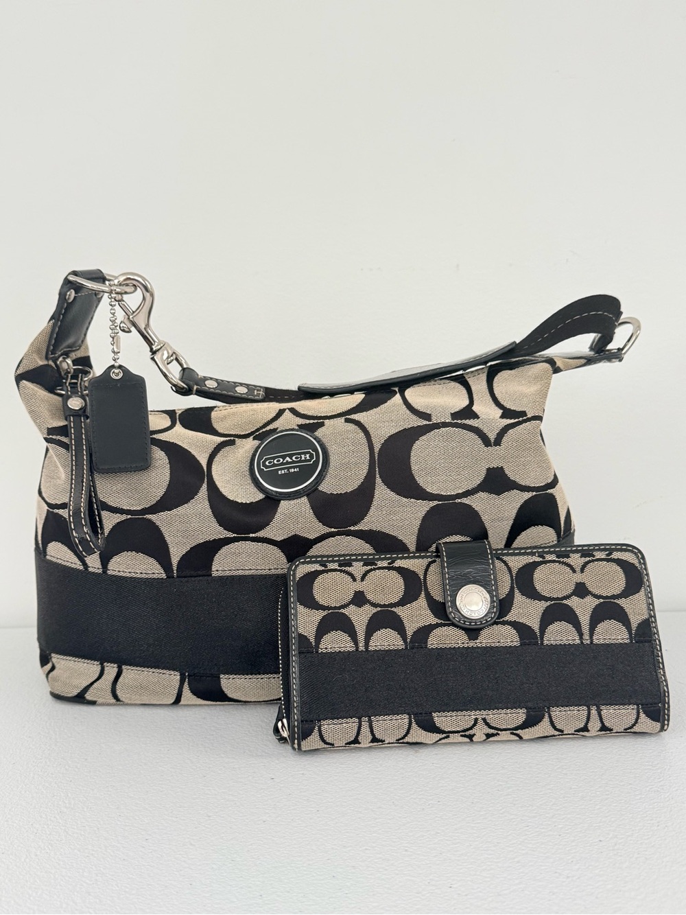 Coach Grey and Black Signature Canvas Shoulder Bag with Matching Wallet